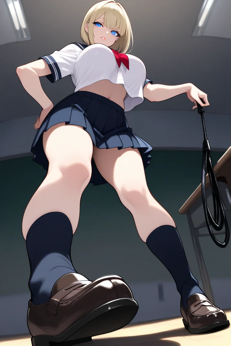Tram stop pasajeros alrededor Elementary school girl 8 years pecho plano POR EL NEGRO ancho Los ojos son morados. ((1 person)) Uniforme marinero manga larga blanco parte superior del cuerpo Minifalda bajo cuerpo azul marino bragas blancas calcetines blancos botas deportivas parado en la parada Abre un poco las piernas((I can see bragas blancas)) desde el frente dynamic angle low angle