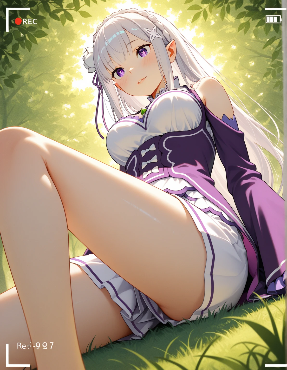 ((Long and narrow face)),,((Small face)),(purple eyes:1.5), ((masterpiece, best quality,Highest quality、High resolution,8K,ultra-detailed face,アニメ,ultra-detailed eyes,ultra-detailed hands,ultra-detailed fingers,ultra-detailed hair,ultra-detailed hands, shiny skin, Silky Pale White,アニメ)) ,((contrasted:1.5)),((アニメ)),,(EnvyBetterHands, QuickHand),(angled, sharp, edgy, piercing, fierce),(Woman surrounded by a field of flowers),(One person,独奏,girl,Emilia (Again:zero),Pointy Ears,gAgainy hair,Gray Hair,Very long hair,Blunt bangs,Purple Eyes,Crown Blade,Side Lock,×Hair accessories,Hair Flowers,Purple ribbon,Very long hair, ̧,Detachable collar,gem,baAgain shoulders,Cleavage,Pleated skirt,White Skirt,white dAgainss,Frills,Detachable sleeve,Wide sleeves,Frills袖,Long sleeve,White thighs),(large breasts:1.2),(Showing from the side),(Show your audience the side)、(large breasts:1.3),(Open your arms)(Fluttering cherry blossoms)(A field of sparkling flowers),,((slant eyes:1.5)),((whole body))((The official look)),(Panty shot),(cowgirl position, open legs, on bed,heavy breathing, sweat)(nsfw)(Bright lighting)(Use of bright colors)、((Sea background)),((Beach Background))(nsfw),(Showing off your underwear to provoke),((M-shaped spread legs:1.3)),((knees up:1.5)),(spread legs),(Well-proportioned )、(from side)(whole body)