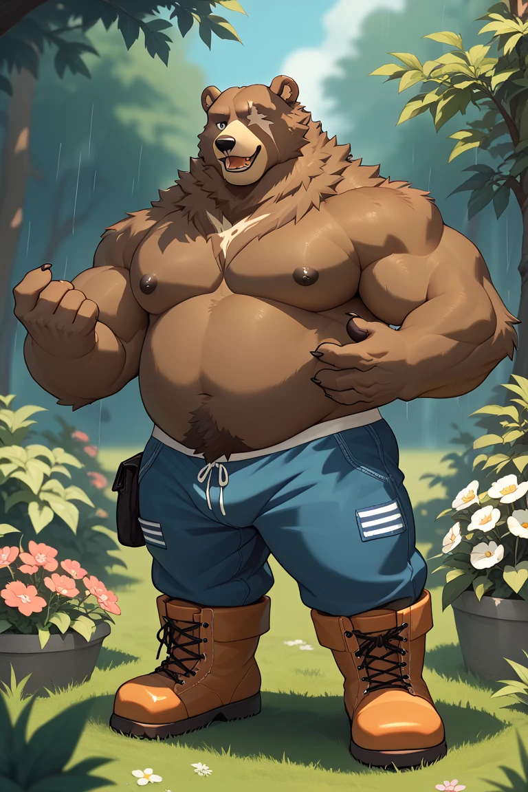 One tall Polar Bear with big muscular body shirtless and topless with white shorts and a dog tag on his neck, veiny
