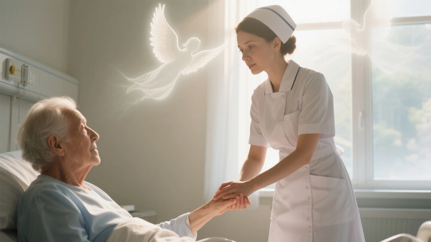 enfermeira, cuidando de um paciente na cama, while being guided by angels, futuro, hospital, iluminacao triste, cenario detalhado, obra-prima, ultra realista, fotografia perfeita, angulo perfeito, rostos perfeito, foto profissional, 8k