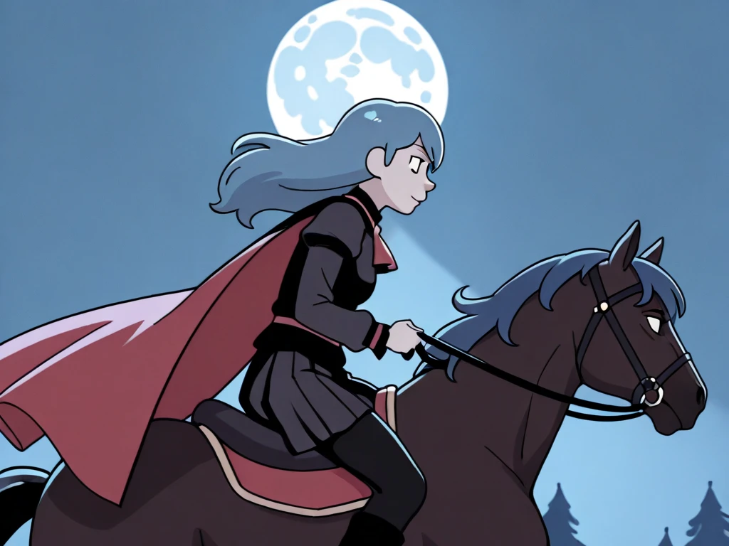 Decapitated Hilda Head, Hilda Holds Her Decapitated Head, blue hair, she becomes the headless horsegirl, Decapitated Headless Horsegirl riding a gothic dark horse in the night,solo,1girl,girl focus,cape,from side,animal,moon,full moon,riding,horse,horseback riding,reins,