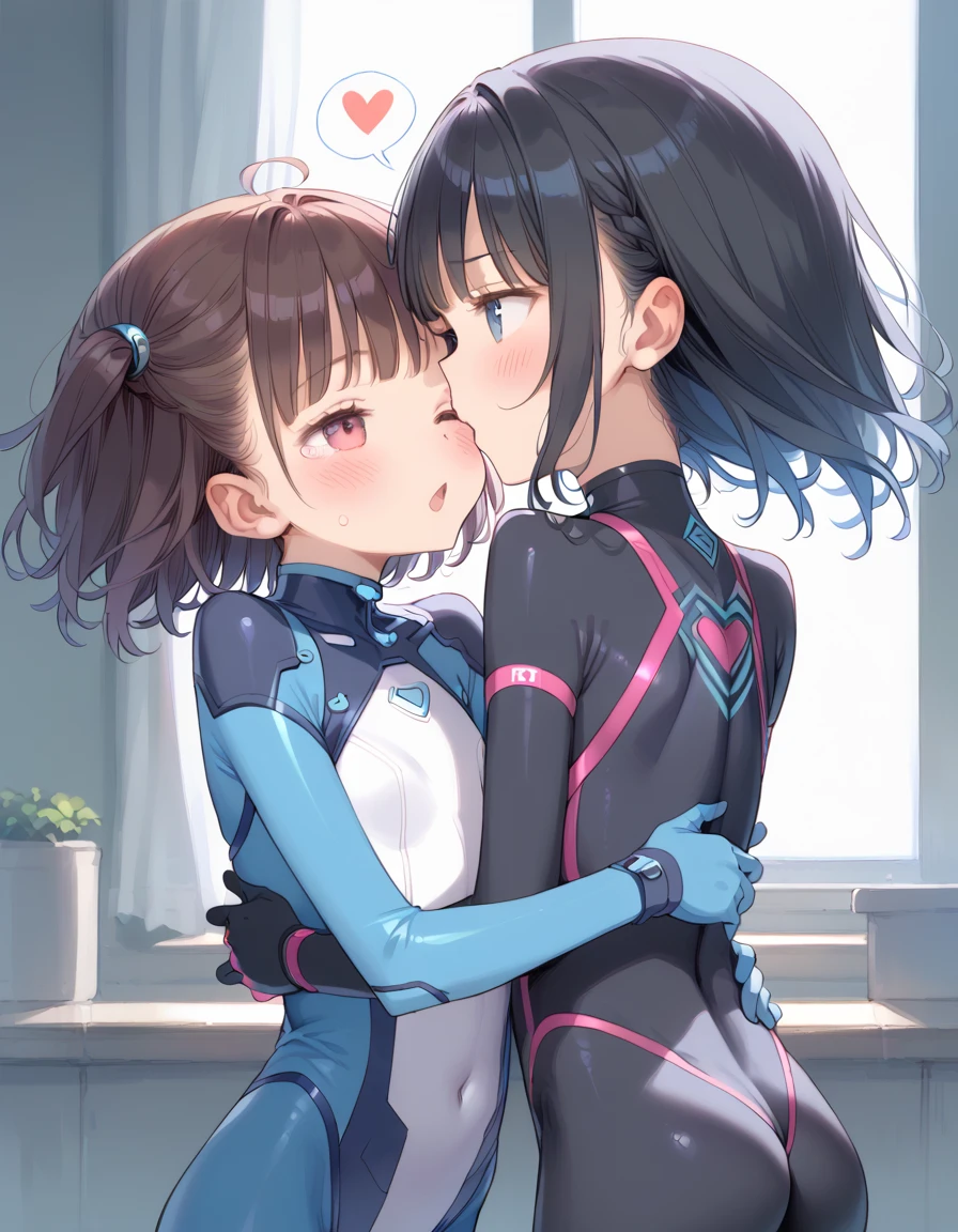 Girls hugging each other2people,then,Get your neck licked,Sweat,Videl,Black Hair,boyish,very short hair,blue eyes,blush,Serious face,smile,smirk,((Black tight suit:1.4)),Large Breasts,