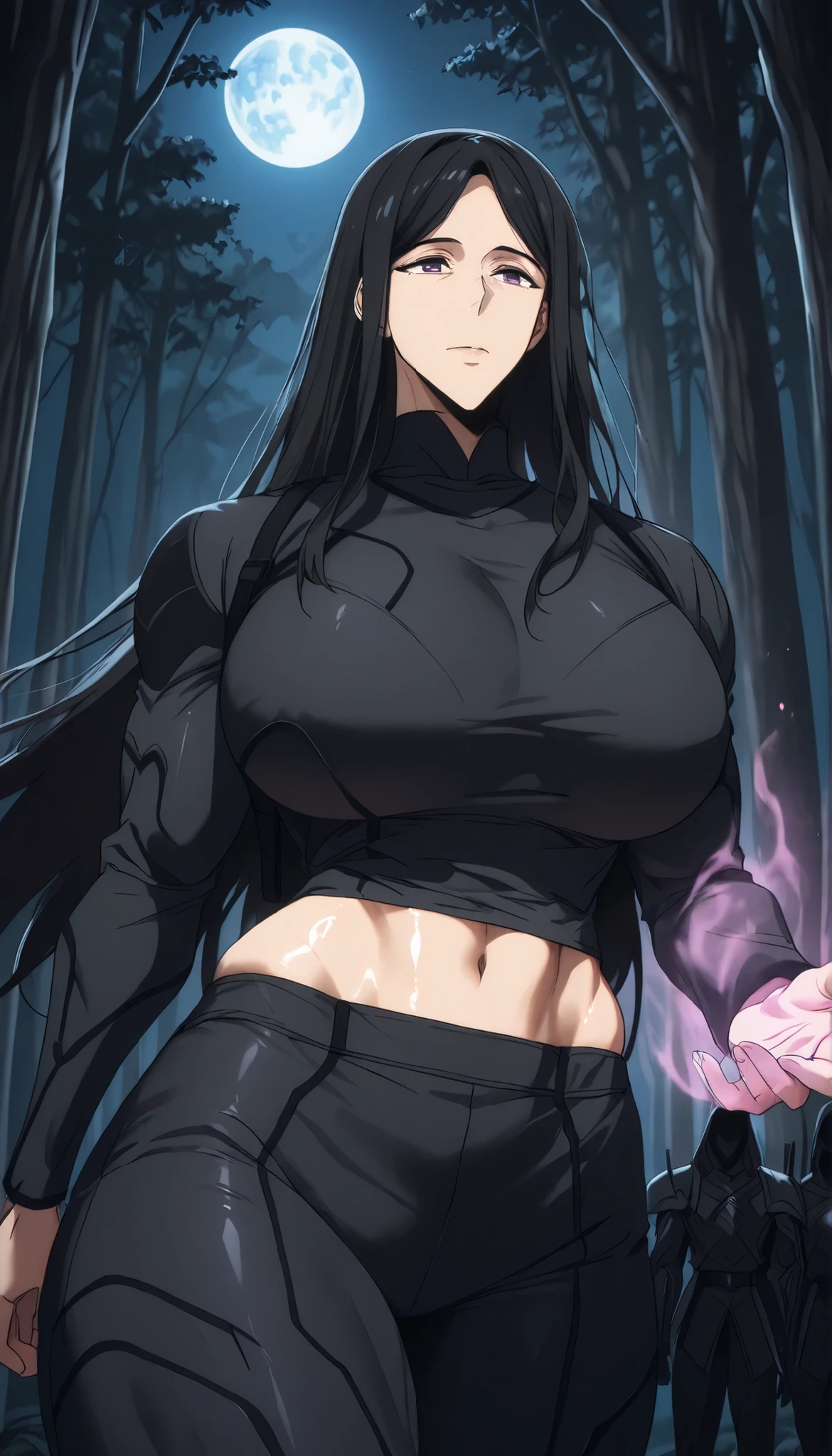 (1girl ,25s,adult),long hair, black hair,horns,elf ears,((black scarf)),cleavage,((dark skin)),(black sports bra, midriff),angry face,walking,from above, rocks,lightnings,thunders,night,