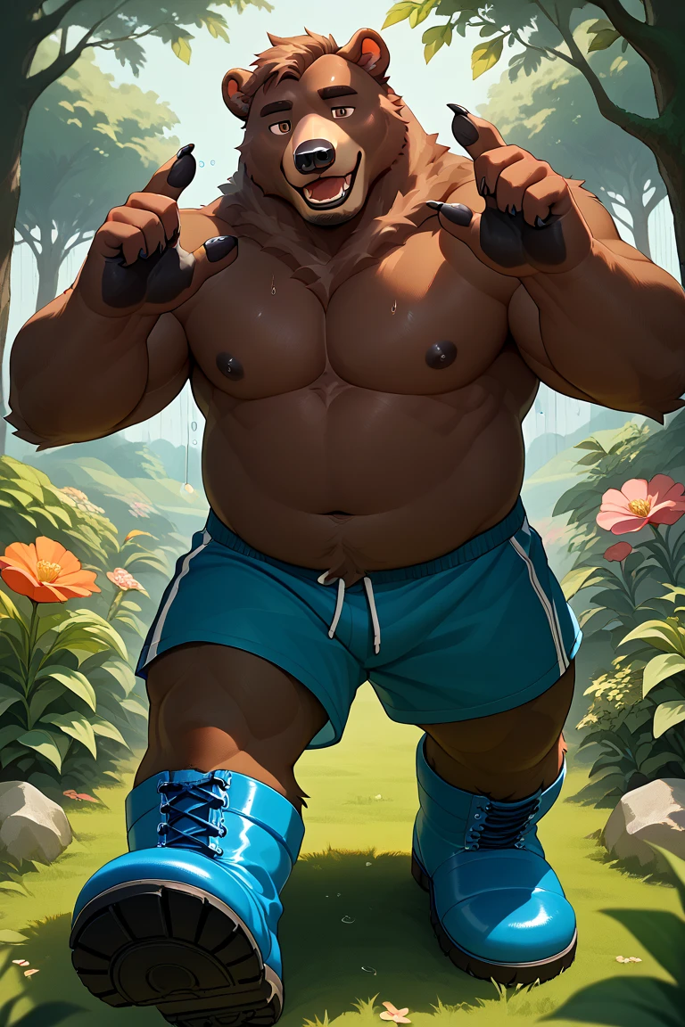 Muscular, sweaty, chubby anthropomorphic panther sitting on the floor, cross-legged, with one leg up, showing a detailed close-up of the foot in a wet white sport sock in the foreground. The bulldog has its arms raised, smiling, and looking relaxed. The scene focuses on the close-up details: armpits, sweaty wet white socks, wet fur, and drops of sweat. The setting is photorealistic, emphasizing masculinity and wilderness. The lighting is semi-darkness with soft light, highlighting the detailed fur and the texture of the sweat. The background and environment convey a sense of natural ruggedness, enhancing the overall mood of raw strength and relaxation.