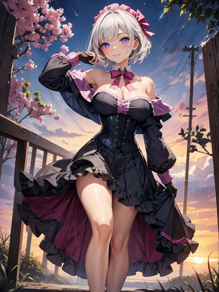 (Absurd Resolution:1.2), (ultra delicate:1.2), (masterpiece:1.2), (Photorealistic), (top-quality), BREAK (cute Wizard 1girl), (16 years old), (finely detailed eyes and finely detailed face:1.2), BREAK (ultra-fine-magenta-cute-eyes:1.2), (Expression ultra detailed Glitter Pupil), (ultra detailed Expression eyelashes), BREAK (ultra-delicate-bob-cut-white-hair, parted bangs, hair-bow), (beautiful Glossy lips), BREAK (slim body and gigantic breasts:1.0), narrow waist, leggy, curvy is body without muscles, BREAK (glossy realistic skin texture:1.2), (sweaty skin:0.5), precise anatomy, (4 defined fingers), (1 defined thumb), Fearless smile, BREAK black-corset-dress, -Off-Shoulder, mini-skirt, Long-gloves ,Short-cloak, thigh-high-socks, BREAK Seductive pose, (Crisp focus, eye focus:1.2), (full body shot, shoot from front, high angle shot), Fantastic magical forest, evening, Sunset, Sparkling light particles dance, professional lighting, atmospheric,