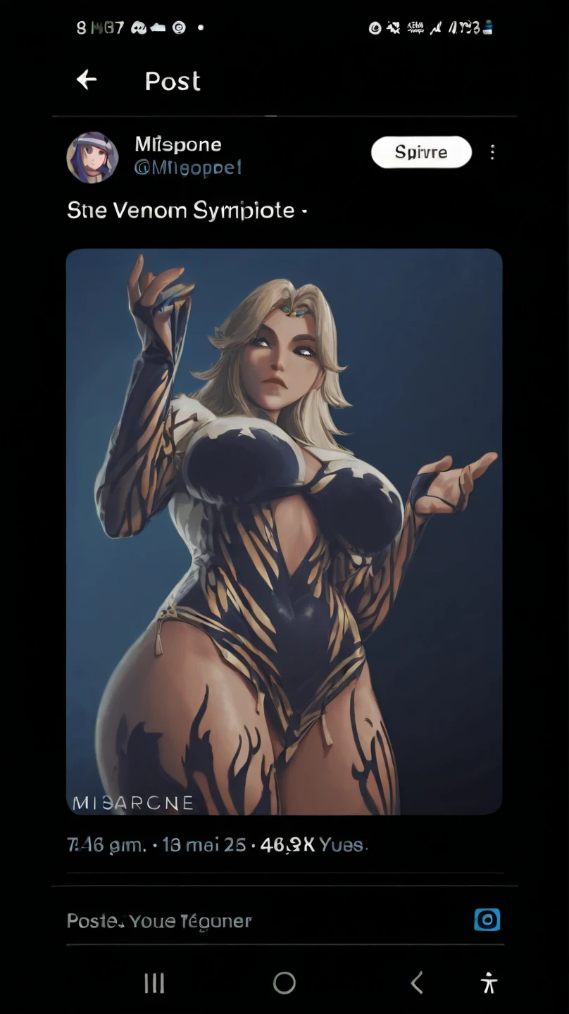 Sexy Hermaphrodite, Plump, pursed lips, freckles, Long curly black and yellow hair with bangs, Crystal blue eyes with smoky eyeshadow and black eyeliner, Black semi-matt lipstick, Dark Skin, A frivolous, proud smile, ,Full body image、Background white