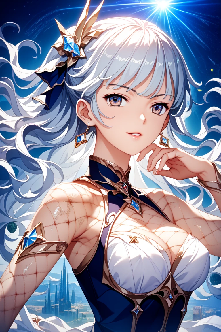 (tmasterpiece), (best qualtiy), ((1 rapariga)), astounding, beatiful detailed eyes, finely detailled, depth of fields, (best qualtiy), (ultra-detailliert), (Most Best Illustration), (best illuminate, Best shadow), (Very fine and beautiful)), Very detailed wallpaper, Dream background, From the front side,Look away, scenecy, Young girls, (Lori huge breasts cleavage), ((full bodyesbian)), Long gray hair, ((Gray eye)), beatiful detailed eyes, (((Cobalt long dress))), hair adornments, choker necklace, Light makeup, wind blown, afloat,mirrors,mid-air,starrysky,In heaven,Flying,ventania