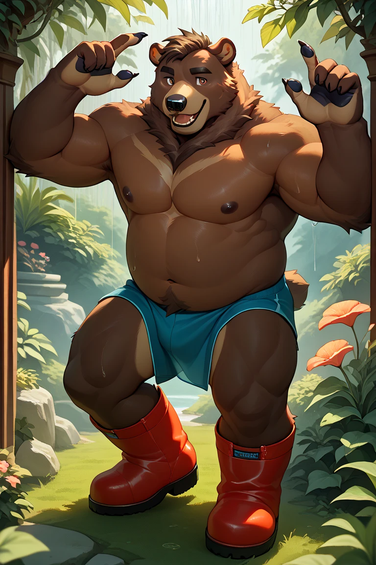 nj5furry, (Doberman, massive, huge, young face, teen, bodybuilders body), Doberman, ((extremely realistic shadows, masterpiece, extremely detailed, photorealistic)), kemono, young, teen, ((16 years)), firm back, massive back, round butt, firm and shapely buttocks, broad shoulders, huge buttocks, round buttocks, shapely buttocks, massive and very muscular back, Doberman, ((detailed face)) nose, blue eyes, ((detailed eyes)), mischievous smile, mischievous expression, white teeth, mouth slightly open, red tongue, brown skin, brown fur, brown hair, sexy, height 3 meters high, naked, nude, penis, erect penis, body full of muscles; muscle bulge pecs, bulge chest, massive ripped abs, V-shaped body, thick waist, long legs, strong arms manly, handsome face, attractive cool calm face type with a cold smile, bodybuilder body, topless. Ruins of a Jedi temple with waterfalls and a river behind it; nude revealing huge, muscular thighs, bulging biceps, staring at the viewer.
