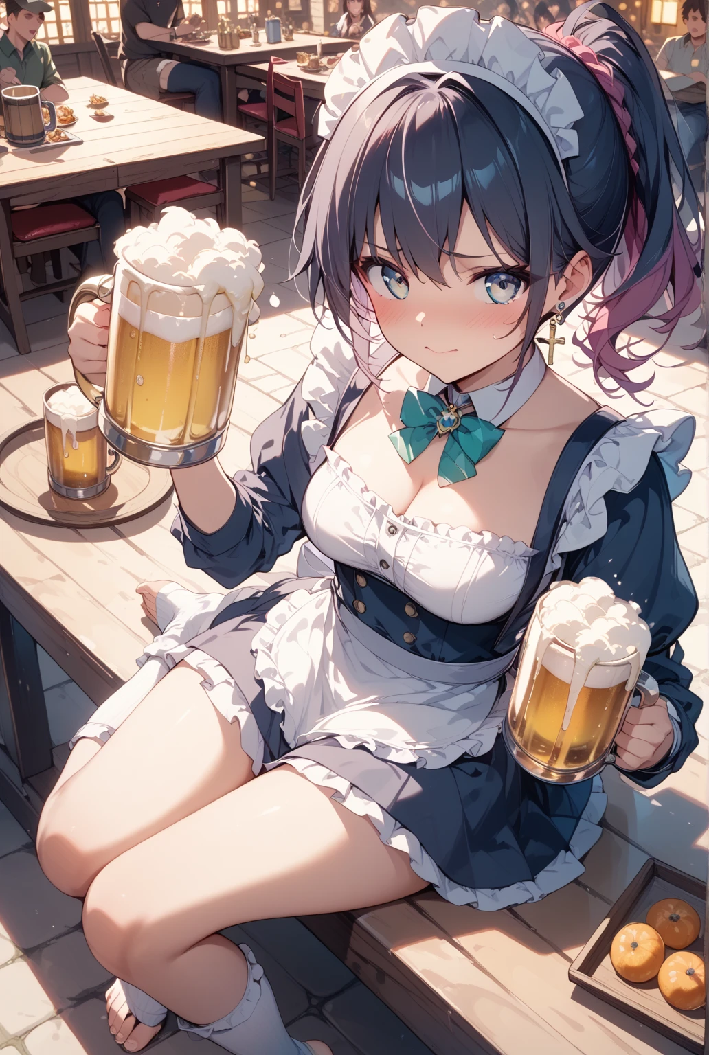 nsfw, masterpiece, 1 girl, intricately detailed, crop top, drindl, pubs, table, crowd, navel, necklace, beer, tavern, inn, pub, crowd, maid skirt, waist apron, short black hair, smiling, extremely detailed, photorealistic, octane render, 8 k, unreal engine. horse ears, horse tail, large breasts, , aqua eyes, carrying beer tray, bare stomach, sweaty, people on background, areola, underboobs