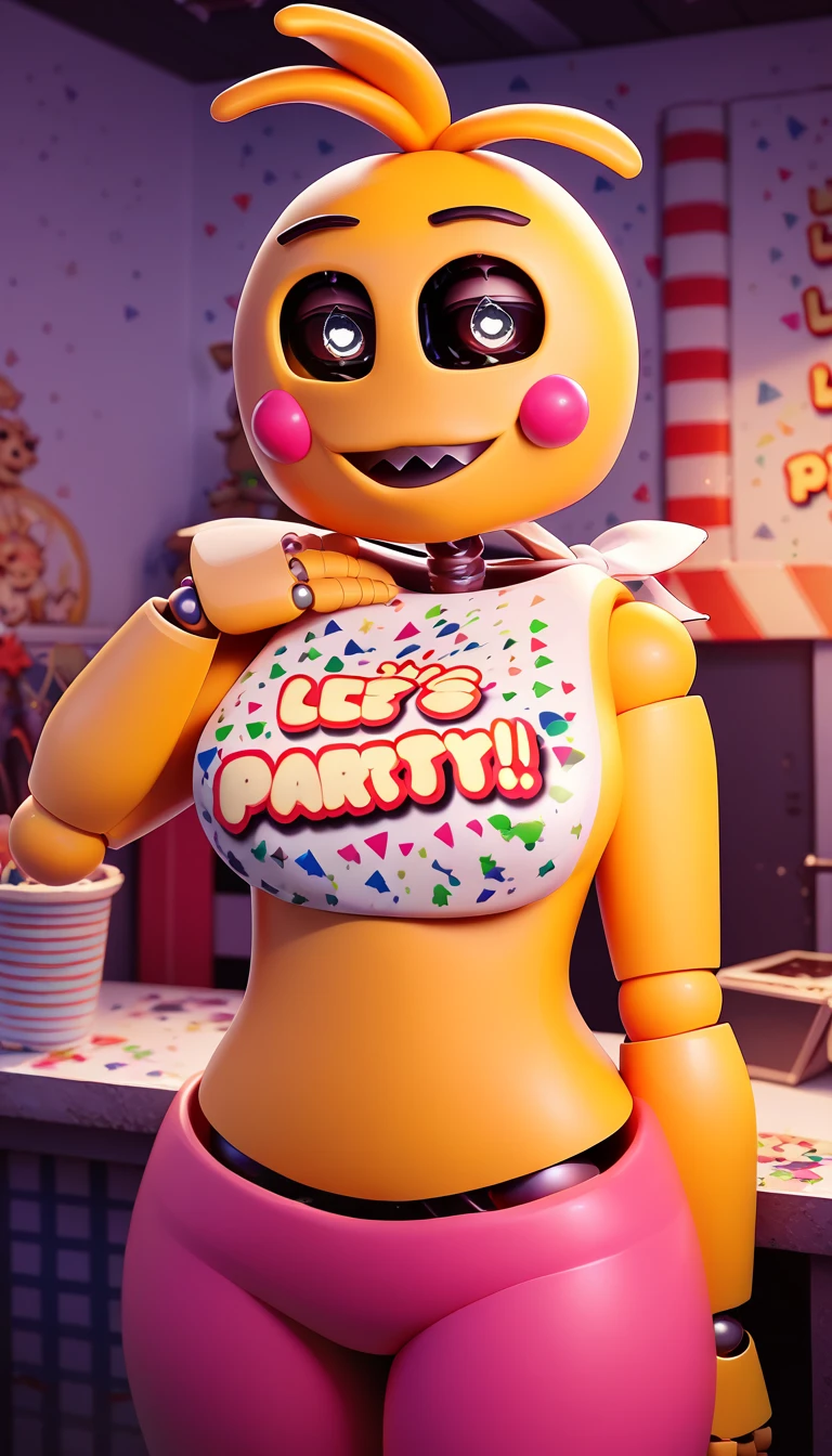 Love Taste Toy Girl, masterpiece, better quality, Toy Chica animatronic, subtle body , Escondida's Pizzeria, lifts up their clothes, waist, , Bare chest, naked body, pink pants