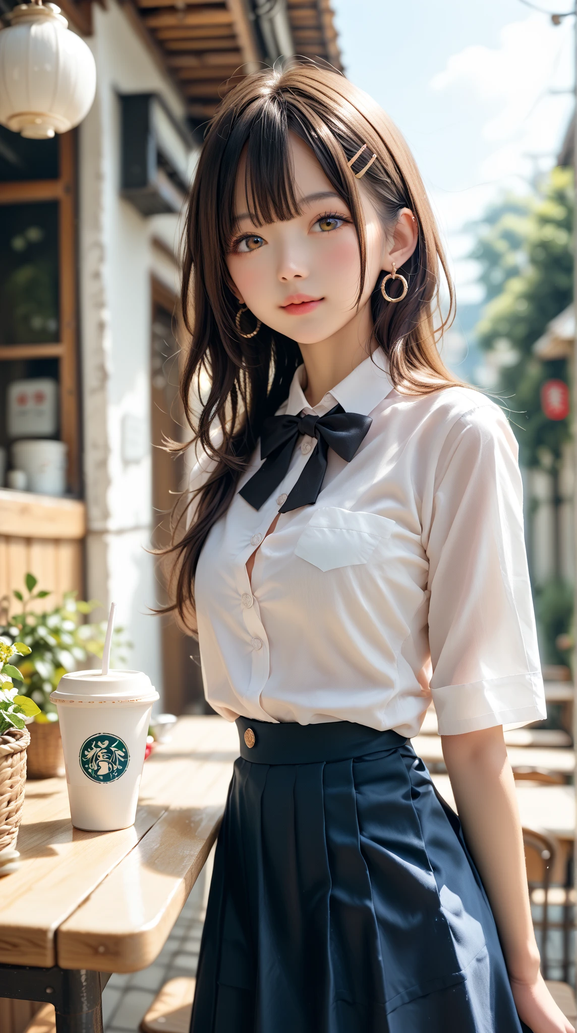 ((of the highest quality, 8K, masutepiece: 1.3, Raw photo)), Sharp Focus: 1.2, (1 AESPA Girl :1.1), Solo, (Realistic, Photorealistic: 1.37), (Face Focus: 1.1), Cute face, hyperdetailed face, (short messy hair: 1.2), Small Smile, Small breasts, flat chest, nude, (chiffon office uniform skirt), sitting, Thigh, cafe, bar, have a cellphone, flower, Cattleya