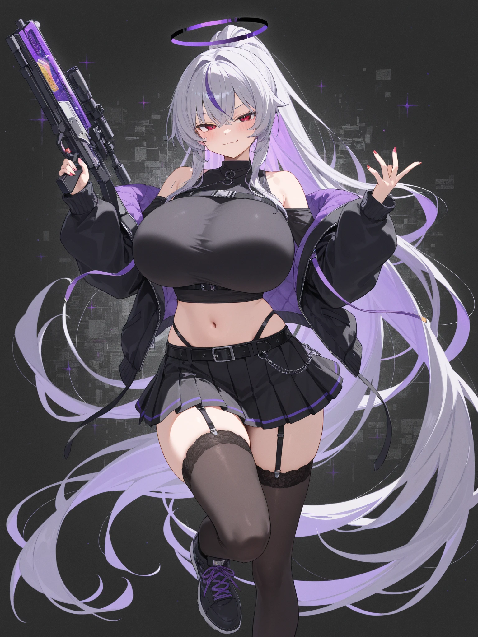 ((high quality、masterpiece、detailed、normal body、5This finger、Precise、delicate))、beautiful girl gunner((C cup、右手にmagic銃を持つ、silver hair))、black racy robe、Black and white bra、white racy mini skirt、torn robe、Tattered robes、exposed skin、torn skirt with holes、laser gun、beam rifle、arms、aim forward with a gun、magic、A huge magic square behind、Subtly erotic