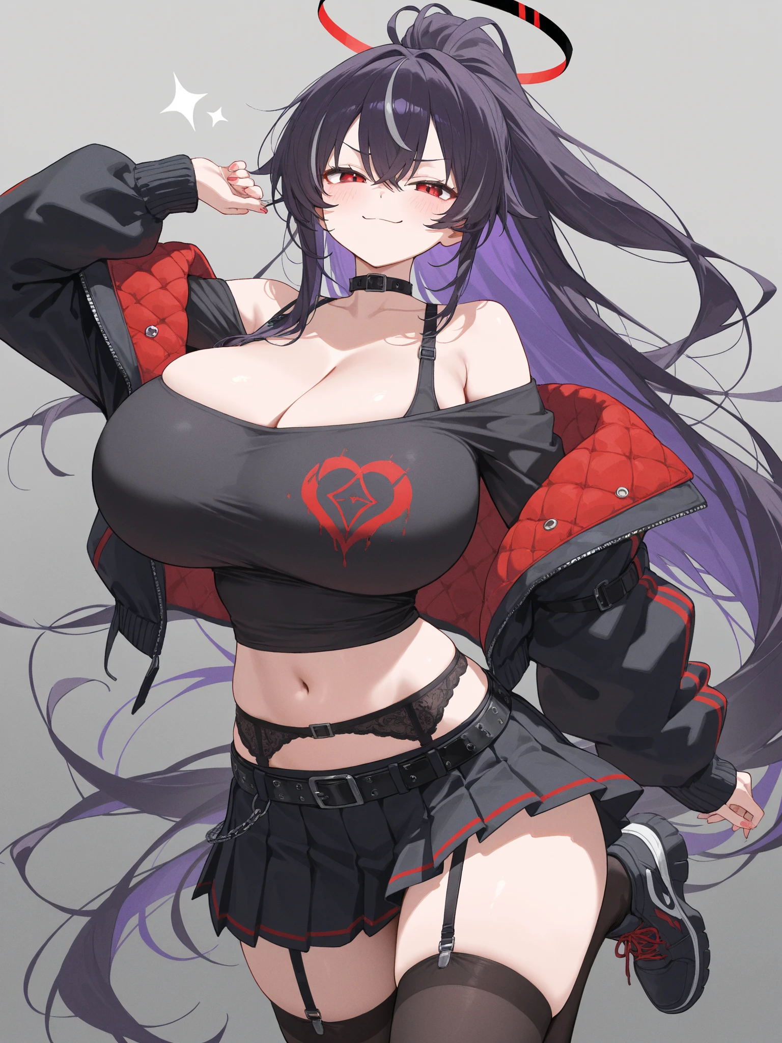 スコア_9, スコア_8_上, スコア_7_上, スコア_6_上,there is an illustration of an anime girl with very big breasts and purple hair, 1girl, tattoo, breasts, solo, pubic tattoo, bandages, twintails, large breasts, navel, long hair, simple background, red eyes, white background, blush