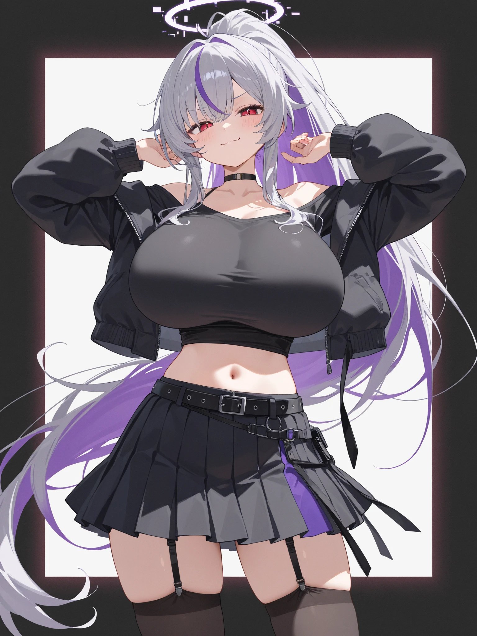 4k画质，Highest high resolution，Gray-purple bangs，Red eyes，20yr old，woman，Graffiti walls，street corner，short  skirt，blackstockings，God perspective，Clear face，Detailed eyes，cleavage，