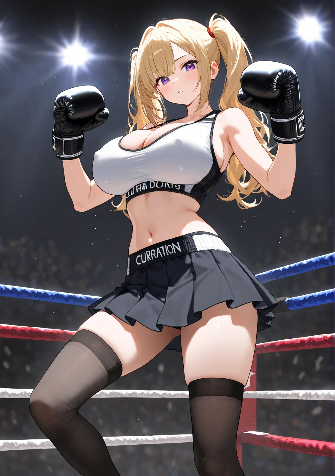 A thick busty Gothic fairy, tight latex boxing outfit, boxing gloves, showing off her gorgeous curves, very photogenic modeling