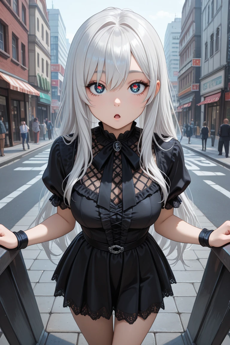 (volumetric lighting, Highres), <lora:plana_scarxzys:1> 1girl, solo, (masterpiece, best quality), standing, highly detailed background, outdoors, busy, street, blush, parted lips, plana, grey eyes, white hair, bangs, long hair, hair over one eye, single braid, hairband, black hairband, hair ribbon, choker, halo, white shirt, unbuttoned, gigantic breasts, long sleeves, pencil skirt, thighhighs, garter straps, business suit, <lora:GoodHands-vanilla:0.9> <lora:add_detail:.6> <lora:hairdetailer:0.6> <lora:HeavyB:0.8>