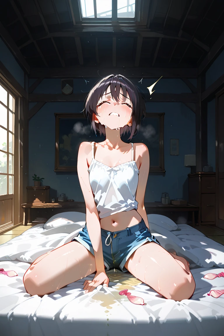 4kquality, 最高quality, superior_Mikoto, Brown eyes, short_hair, small_chest,)ベッドのsuperior See-through pink lingerie 16Year Sexy pose Fascinating Sweating profusely Soaking wet Torchlight Beautiful feet Beautiful Abs