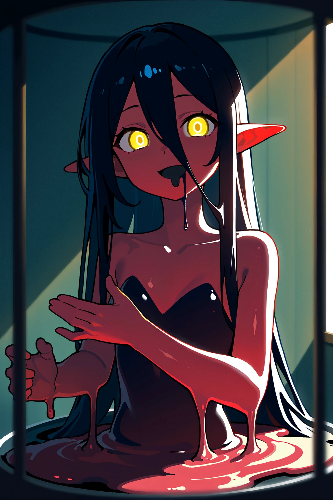 Evil smirking little Vampire child with black hair nude and horns on throne