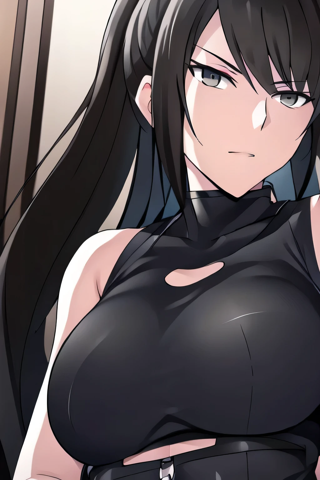 can you draw the facial expression more delicately,big ,Can you draw a big picture,,I have long black hair down, , With a ruthless look, Hitman, Assassin ,can you draw a woman in a black sleeveless miniskirt,With a ruthless look,I need a face so much,,