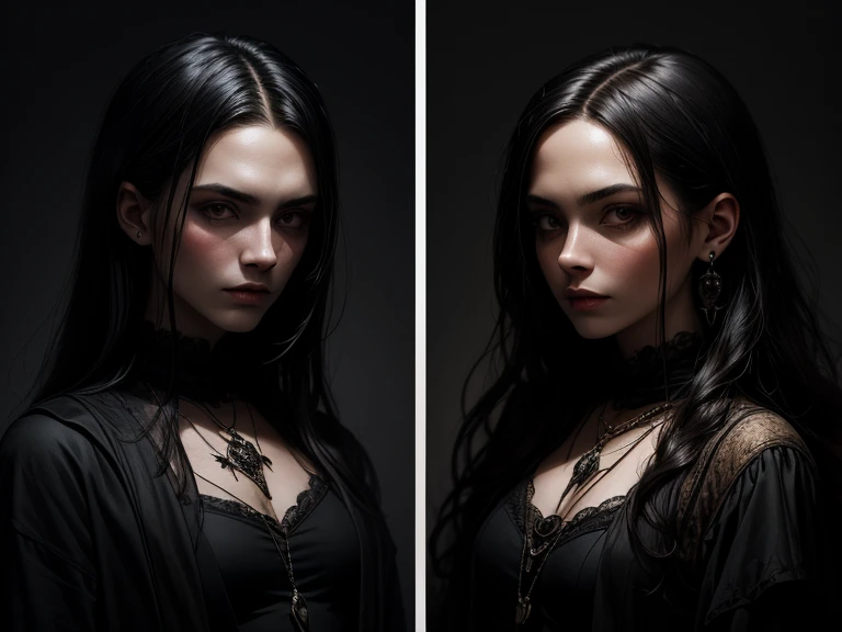 Film noir effect, color effect solo, reaper, Female, scary look, creepy look, horror, sew lips, seductive body, Anime-inspired, huge braid, extremely detailed, gothic clothing, tattooed, frowning, dark theme, heterochromia, terrifying, colored eyes and lips, Satanic Symbols
