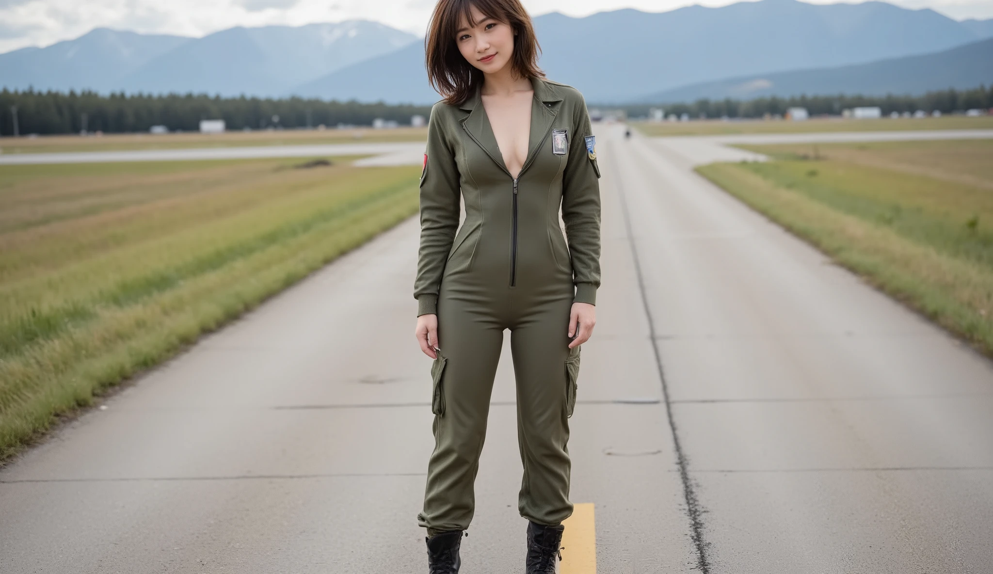 sexy japanese model, black hair, female, smile, wearing snug usa air force flight Suit, military Boots, come undone front zipper, big breasts, no-bra, (cleavage:1.4), outdoor, air force base runway, (full body photo:1.8)
