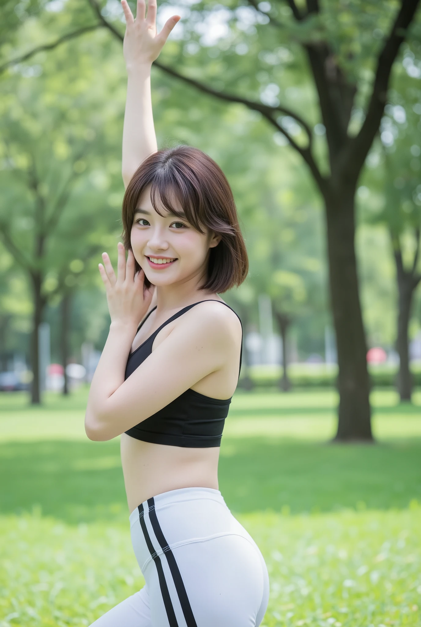 Japanese beautiful woman, smile, shiny skin, natural makeup, mocha brown short bob hair with bangs, black sports bra, white and black striped sports tights, doing yoga on the grass in a large park, full body shot,