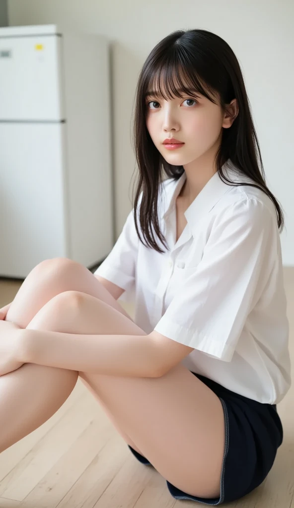 (masterpiece:1.3), (8k, Realistic, RAW Photos, Best image quality: 1.4), Japanese, (1 girl), Beautiful Face, (Lively Faces), (short hair:1.3), Beautiful Hairstyles, Realistic eyes, Beautiful Eyes, (Realistic Skin), Beautiful Skin, charm,Big Breasts、office、(Shooting from a distance、Beautiful feet、whole body:1.7)、(Look here、He turned his body towards me、front、forward leaning posture、munechira:1.3)、(The bra is slightly visible、Brasilia:1.3)、(White shirtを着ている、Round Neck Shirt、A shirt with a slightly open chest、White short sleeve shirt、White shirt:1.8)、(Cleavage:1.2),smile、smile、Beautiful fingertips、(Japanese office lady,beauty:1.5)、(Black spats、White shirt、Tight shirt、Clothing that emphasizes your body line),(The edge of the bra is slightly visible、Exposed breasts、Brasilia:1.3)