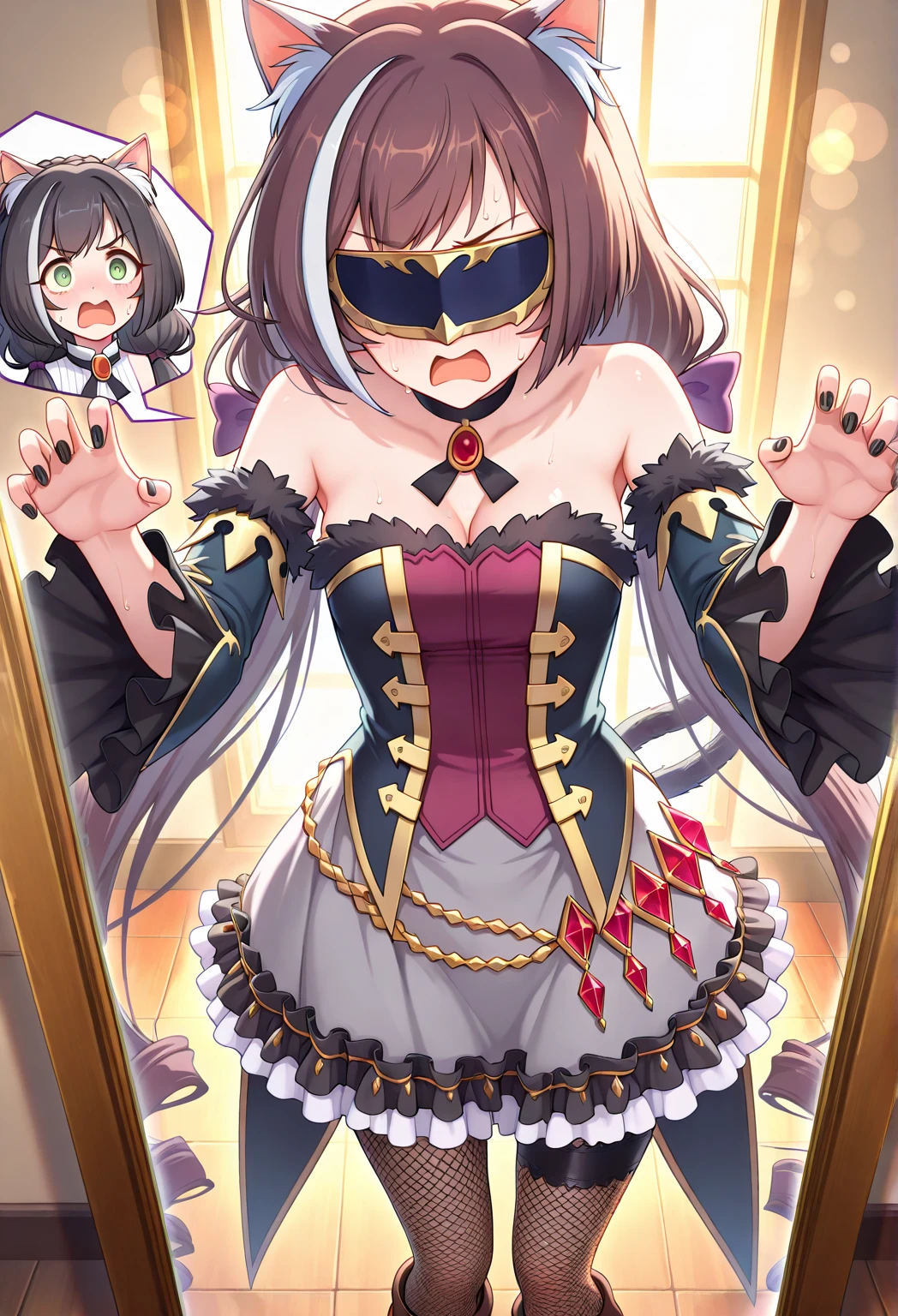 masterpiece, best quality, absurdres, ultra detail background, (vivid color:1.3), high poly 3d, beutiful 1girls, nude, (loli:2), standing, (top-down bottom-up:1.3), (face on ground:1.3), (arms back), (restrained, restrained arms, sex machine, stationary restraintetal, bondage:1.5), (large metal dildo:2), (((((dark brown hair, braided bangs, very long hair, ahoge))))), (((((waist-cape armor, collar))))), baby face, large breasts, pussy, nipples, (sex machine, spread legs, spread arms, dildo, vaginal object insertion:2),metal stick in vagina, cum, panting, squirting orgasm, wet, pussy juice, vulgarity, blush, aroused, sweaty skin, sweat, closed mouth, ahegao, peeing hard, stationary_restraints, masterpiece, high quality, best quality, beautiful, hd, perfect lighting, detailed face, detailed body, masterpiece, best quality, intricate details, 8k uhd, perfect face, perfect eyes