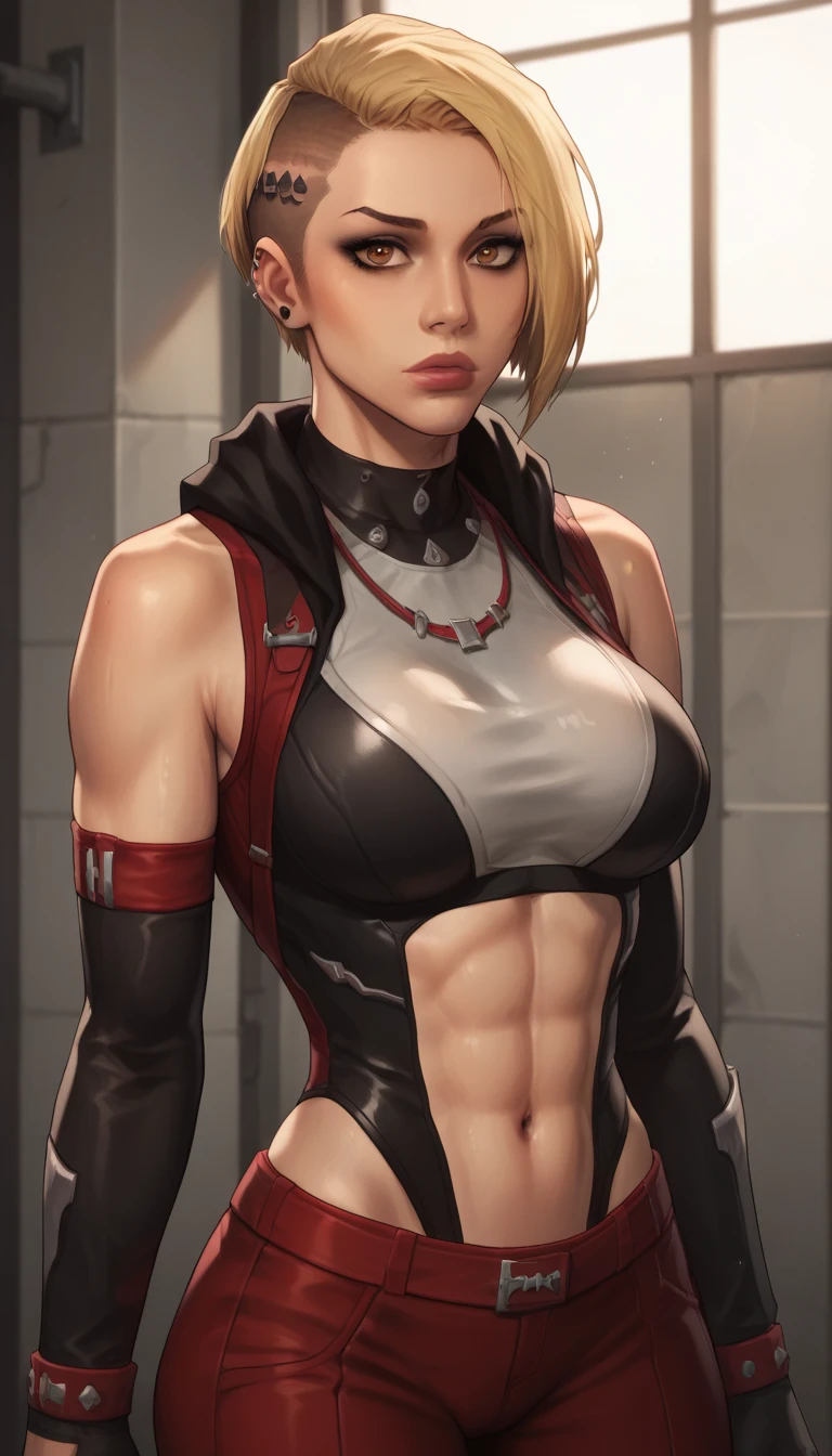 (((Annie Lennox))), (((colorful suit))), (scars), (((bandaged arms))), (((colorful clothes))) (( hood)), (((best quality: 1.4))), (Unbeatable masterpiece), (hyper HD),(CG 8k hyper-realistic), beautiful face, (((breasts big))), (((hyper feminine))), sexly girl, ((round face)), black tattoo,（ultra short red hair with white highlights)), ((( sculptural body ))), (((1 Kizi))), Kizi tatuada de 25 anos com perfect body, perfect hands, perfect fingers ,Beautiful and well-groomed face, (round face), muscular body:1.2,solid color detailed jacket, (Head to thigh photos)， Complex equipment, ，Tight clothes，With white stars and off-white stripes,,,,,Armor Metal Electronic Parts, Poison tattoos ) INFO, Kizi, (((standing alone))), , 24歳, sexy, pose de attitude, work of art, dancing, ((slight smile)), post-apocalypse, (((manga style))), bounty hunter, the way you want, perfect body, roupa moderna, advanced technology, white, yellow accent, black, red accent, fur collar jacket, sleeves with vertical striped pattern, background city, (( cowboy shot )). intricate visual, narrow waist, (((wide hips))), wide hips, fit thighs, (((thigh gap))), Thigh gap, background shows a futuristic airplane, open expression, expression happy
