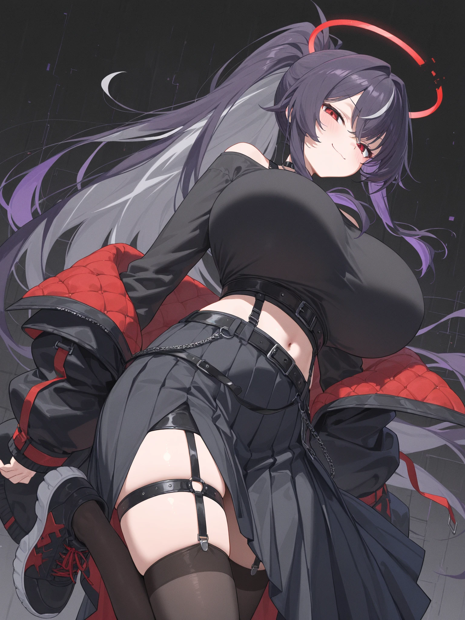 1girl,  kirisima,horns, short hair, sleeveless, jacket, short dress, full body, fishnets,, (dark light:1.2),(hyper extreme detailed),(masterpeace:0.5),(hyper extreme),(photorealistic),game cg,llustration,novel illustration,beautiful lighting,light from the front,BREAK, (good hand,nice hands, perfect hands:1.2),five finger,