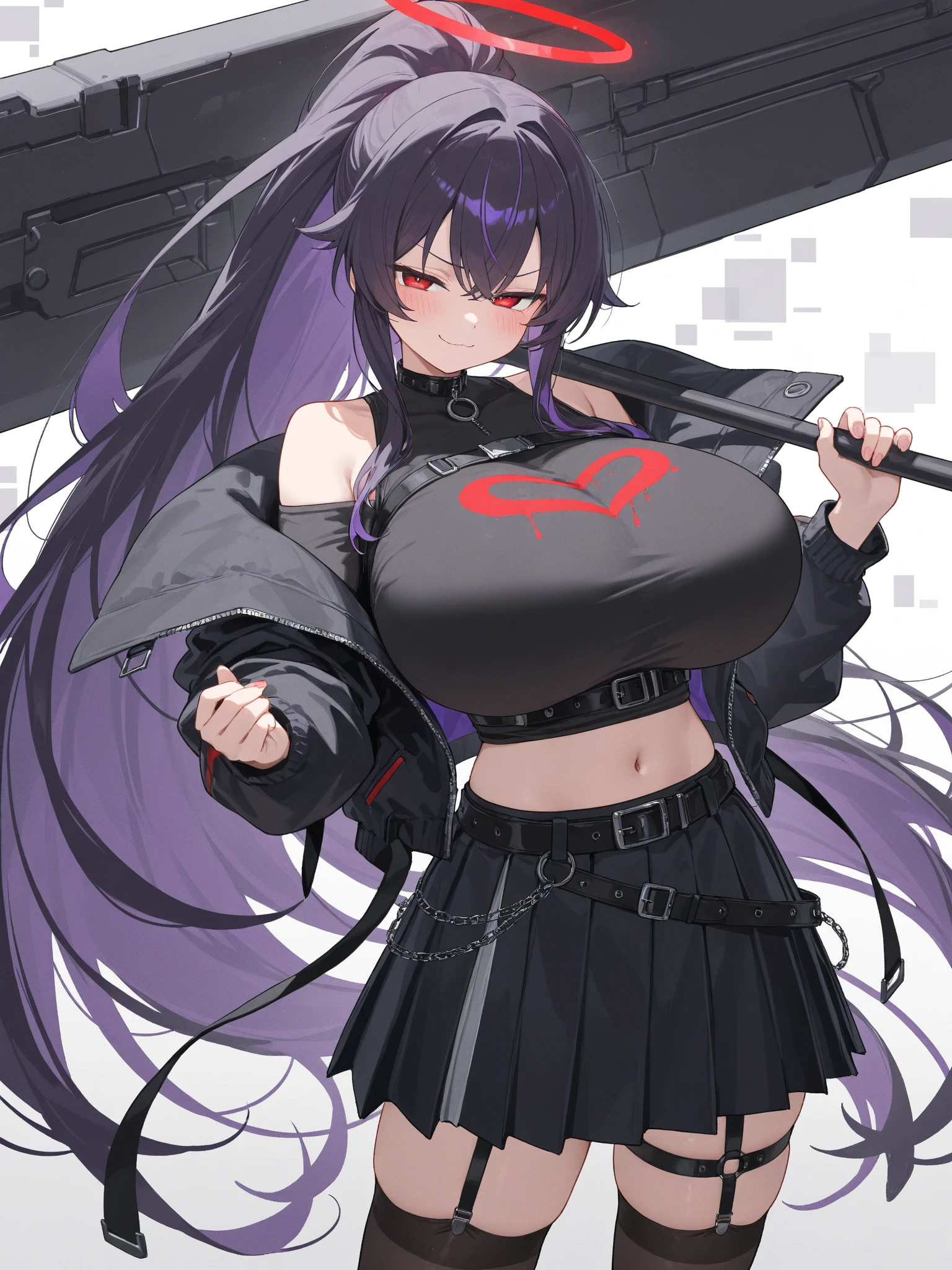 1girl, white background, red eyes, long hair, purple hair, bangs, jacket, crop top, mini skirt, large breasts, cleavage, soft stomach