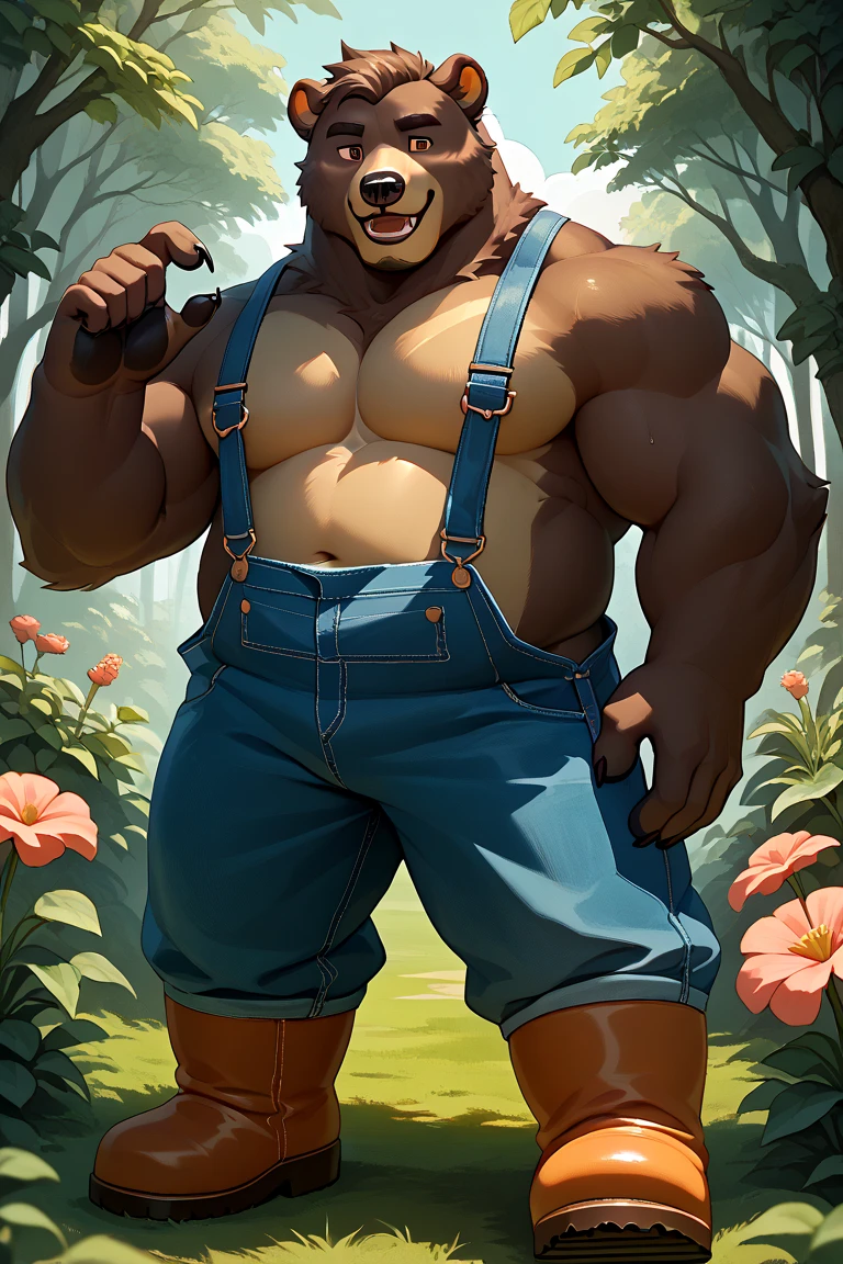 best quality, newest, masterpiece, absurdres, highress, (furry), bara, perfect anatomy, (male), smooth, handsome, ((solo)), ((bear)), ((brown fur))), ((detailed eyes)), 5 fingers, 2 hands, 2 legs, 2 feet, (((Chubby))), ((Topless), ((botanical garden background)), (((overalls))), ((happy)), ((fluffy)), ((rain boots))