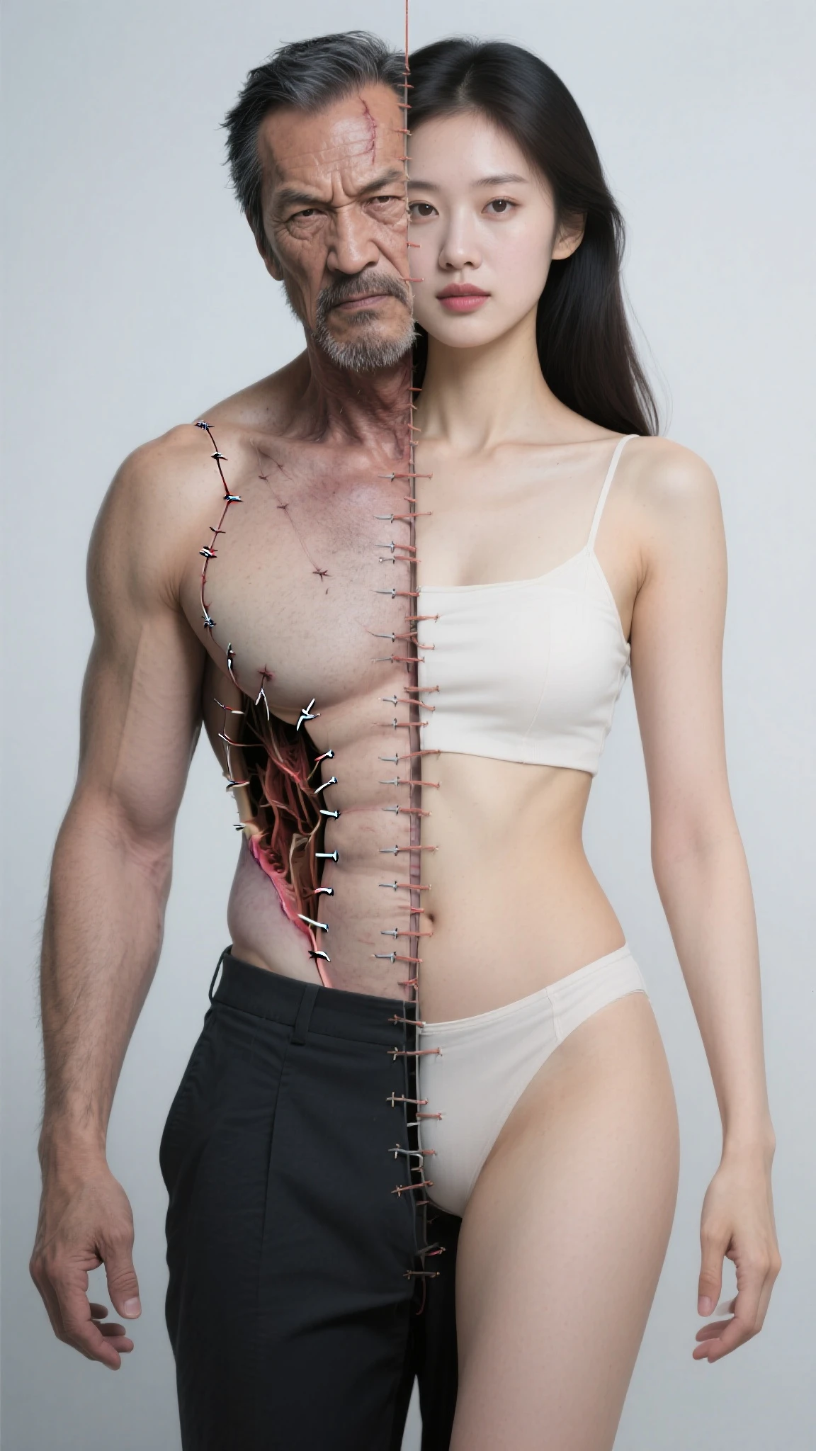 split head and body, buxom woman inside the body of a handsome man High detailed RAW color Photo, 8k, natural light