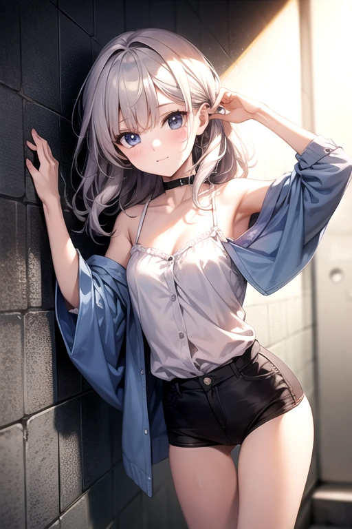 ((Biologically correct limb count))、(( Full-body photo including face))、4K、((Standing position))、masterpiece、((Focus on the face))、((Symmetrical facial features))、Eye for detailed depiction、Beautiful blue-haired woman、Excellent style、Beautiful clavicle、Beautiful feet、Beautiful Hands、Slender body、(stockings、garter belt、High heels）、Facial detailing、Small earrings、necklace、(rubber jacket、Pleated skirt)、High heelsに照明を当てる、tie、sunny、(((Photo frame with white border)))、Fascinating、((She is sitting with her buttocks thrust back and her upper body arched, looking up.))、Night Pool、(Low - Angle、A camera angle that captures the inside of a skirt from below)、Silk gloves、(((Blue-silver hair with pink mesh)))、(((Moments of ecstasy)))、