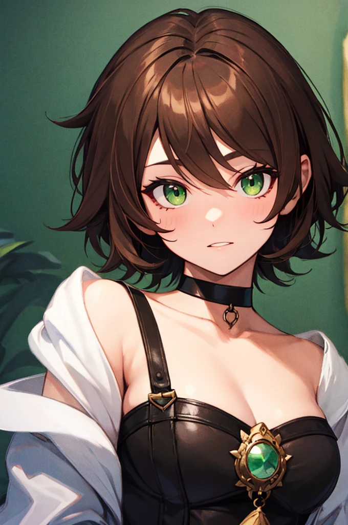 (masterpiece, top quality, very aesthetic, 4k、illustration), ()、intricate detail, 1woman,solo,contrapposto 、(gradient eyes、tareme)、very short hair、asymmetrical bangs,Fair skin,(upper body)、beautiful women、Cleavage、clear face、(),beautiful face、(gradient hair)、(brown hair)、sidelock ,,green eyes、Knightarmor、medium breasts、slender 、