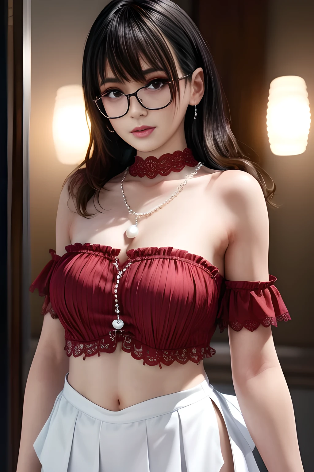 (masterpiece, best quality:1.2), (8k uhd, 16k, 32k, ultra high res), (photorealistic:1.37), (RAW photo), ultimate-realistic, ultimate-realistic details, ultimate-realistic texture, ultimate-intricate details, ultimate-realistic lighting, ultimate-realistic shadow, japanese girl, 24yo, ultimate-cute face, ultimate-RAW skin, ultimate-eyes, young female nurse in a modern hospital setting. She has brown hair tied up neatly, is wearing black-framed glasses, and is dressed in red scrubs, open shoulder, showing off bra strap, She has a confident and professional demeanor, sneering smile, with a stethoscope draped around her neck and medical tools in her pockets. Riley Reid. The background features a well-lit hospital corridor with medical equipment and windows,(Big bust: 1.8),nsfw,