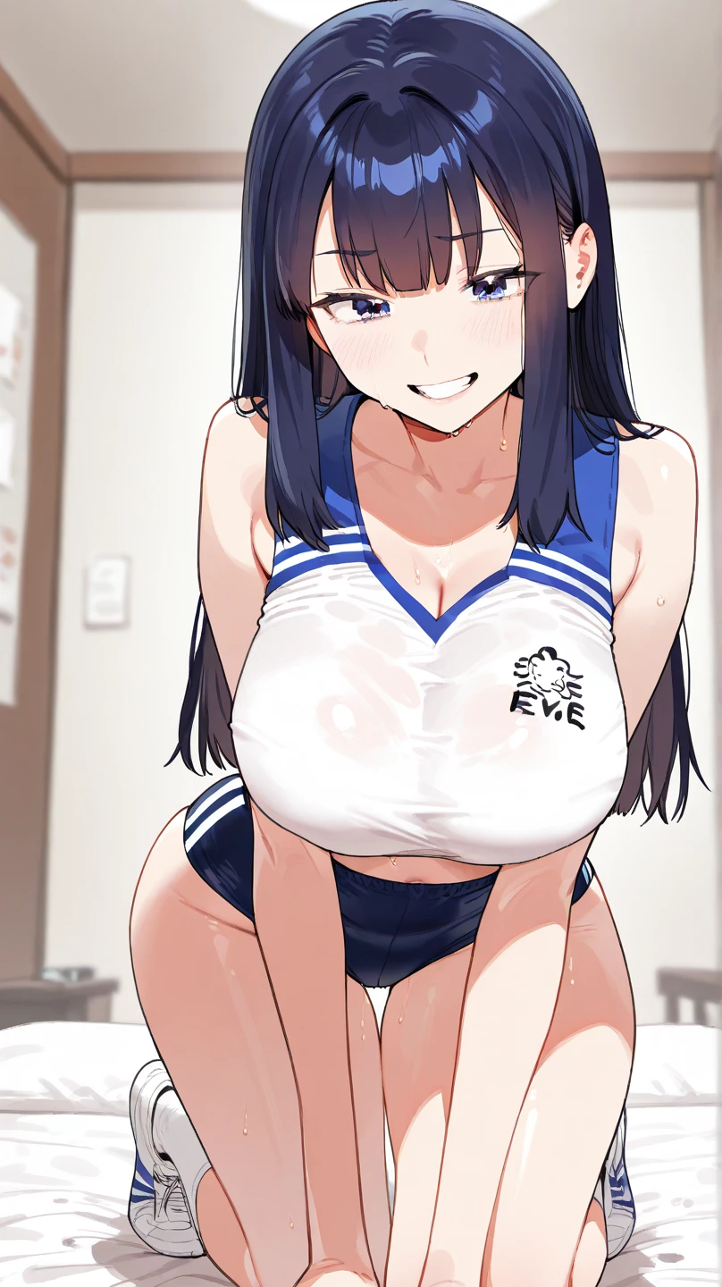Takiuchikami, Check it out, Long Hair, bangs, Twin tails, Black Hair, (Purple eyes:1.1),
break (((((Navy school swimsuit)))))
break indoors, Cafe,
break looking at viewer, (Cowboy Shot:1.5),
break (masterpiece:1.2), Highest quality, High resolution, unity 8k wallpaper, (figure:0.8), (Beautiful attention to detail:1.6), Highly detailed face, Perfect lighting, Highly detailed CG, (Perfect hands, Perfect Anatomy),Big Breasts,Thighs,smile