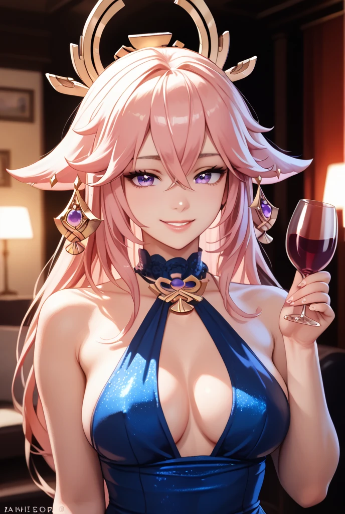 yae miko, 1girl, alcohol, alternate costume, animal ears, bare shoulders, blurry, blurry background, blush, bokeh, breasts, chair, champagne, champagne flute, choker, cleavage, cleavage cutout, clothing cutout, collarbone, cup, depth of field, drink, drinking glass, earrings, floppy ears, fox ears, hair between eyes, hair intakes, heart, holding, holding cup, holding drink, jewelry, large breasts, long hair, long sleeves, looking at viewer, nail polish, off-shoulder sweater, off shoulder, on chair, parted lips, pendant choker, pink hair, purple choker, purple eyes, purple sweater, red nails, sitting, smile, solo, sweater, upper body, ((masterpiece)) <lora:yae_miko_offset_9_6:1>