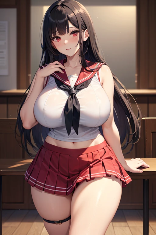 anime、Beautiful pink eyes、Black Hair、Glasses、Belly button piercing、, Glossy with oil々Skin、NSFW、Sailor suit、Pink Check Skirt、Shiny thighs,、Narrow waist、Firm big breasts、panty lift.cute、Love juice drips、smile、Classroom