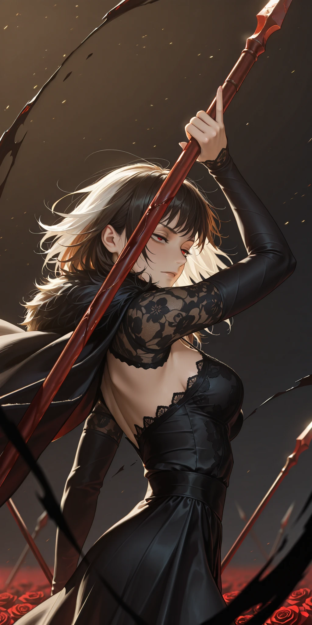 in the style of Jujutsu Kaisen, mature, young adult, masterpiece, best quality, amazing quality, very aesthetic, high resolution, ultra-detailed, absurdres,
1girl, woman, solo, alone,(side shot, dynamic pose, upper body focus, three quarter view, close_up shot:1.2), dramatic pose, red eyes, black hair, medium hair, white hair, brown hair, vampire, lace dress, high boots, succubus, half lidded eyes, tsurime, medium breasts, divinity, fighter, darkness, standing in a field of blood roses, blood spear, fur cape, fighting stance, lancer,
BREAK, depth of field, volumetric lighting