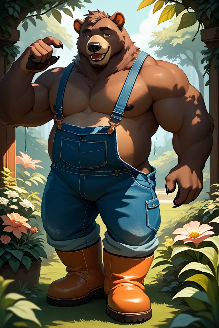Anthro furry male bear holding a cup of coffee, wearing glasses, sitting at the park, furry art, stout, fat, large belly sticking out, dadcore, in the style of lively tavern scenes, gigantic scale, rtx on, desktop wallpaper, no cut offs