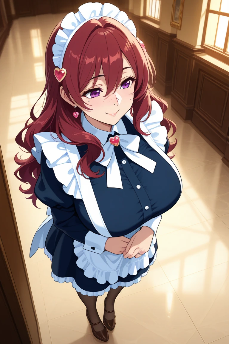 masterpiece, best quality,  <lora:KafkaV1 - Bloodsplash-000080:0.7>, Kafka,  maid, maid_headdress, 1girl, cowboy shot, cleavage, long_hair, eyewear_on_head
