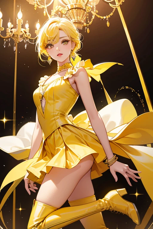 masterpiece、Soft Focus , Bright gradient watercolor、Tabletop, High resolution, 8k, Anime Women, Delicate and detailed writing 、Detailed digital illustration、high resolution, high quality、Detailed Background、Close-up photo of short hair、Perm、Shiny Hair、Bright yellow hair、bangs、Very beautiful woman、Idol、Double Eyes、Large Breasts、
(((Two arms、Four fingers, One thumb)))、Detailed female face、
(Holding a glittering golden microphone:1.3)、(Idolの衣装)、mini skirt、Yellow ribbon、Yellow rose hair accessory、Yellow and white outfit、I can see her white panties