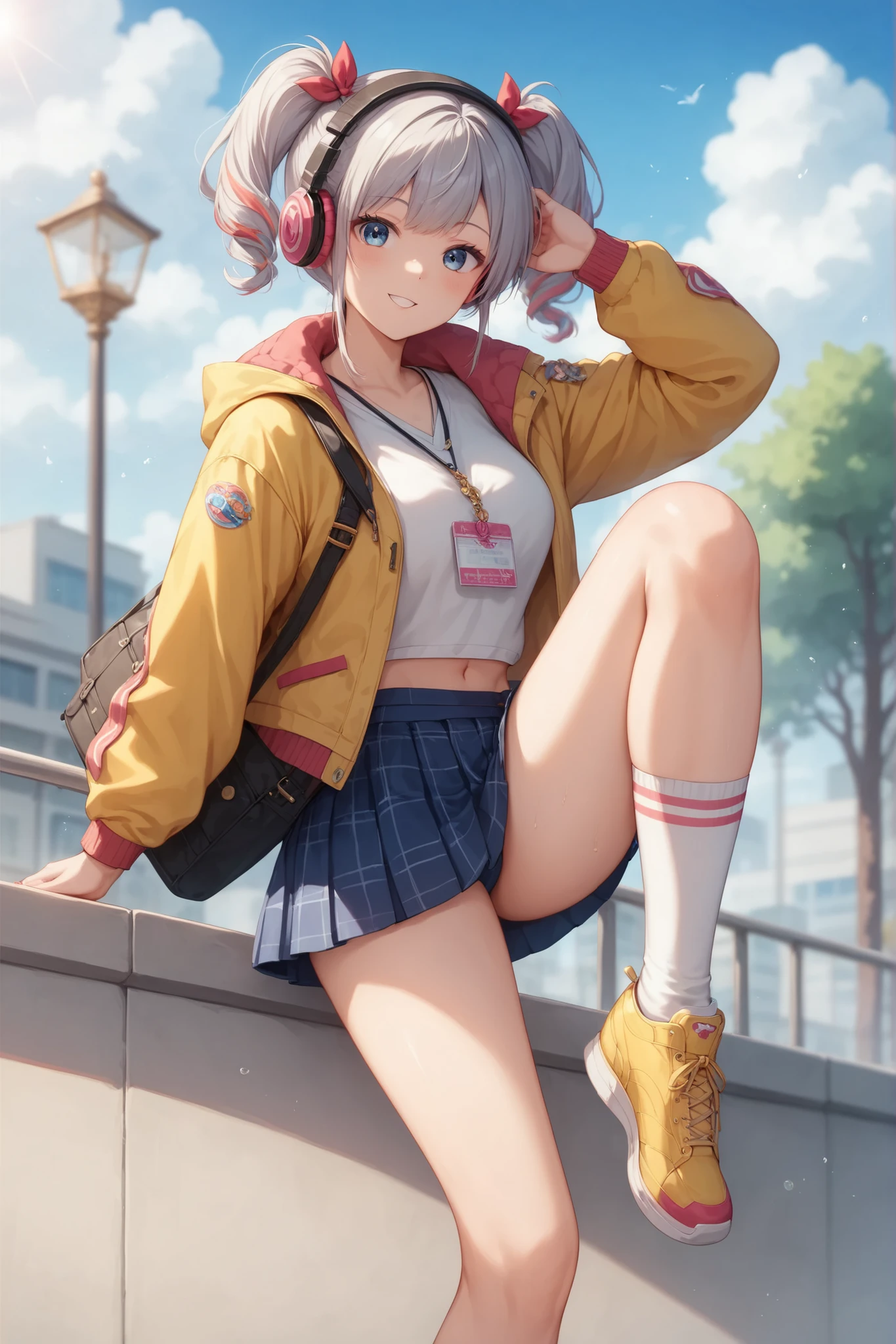 Lively cosplay shoot of a cute anime-style girl posing energetically outdoors. She has a double pigtail hairstyle, wearing large colorful headphones, kacamata besar, and a yellow and white sporty jacket. She pairs it with a short plaid skirt, Knee-high white socks, and yellow sneakers. A small blue shoulder bag with a luxurious keychain hanging on the sides Her. She poses dynamically with one leg raised high, gives off a playful and energetic vibe. The background shows an urban outdoor atmosphere with a cloudy sky