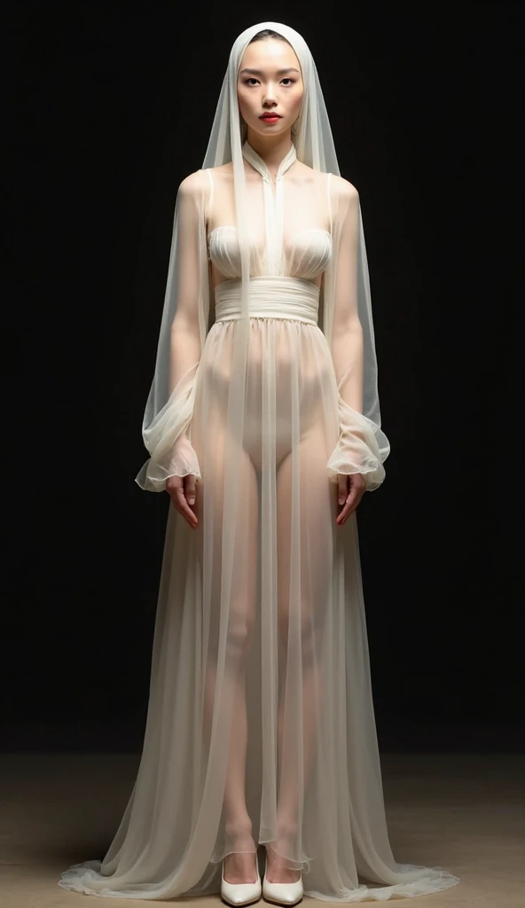 Long blonde hair , the model is wearing an ankle length silver satin cloak tied at the neck and nothing else, she is naked , Magali Vil, concept art,
hyperrealism, elegant cape, high detailed photography cape,
with cape, wearing a cape,
