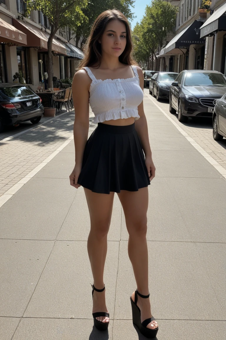 beautiful mexican female, beautiful face, athletic body, long hair, big smile, wearing unbuttoned crop top, wearing pleated miniskirt, wearing high heels, walking in a mall, full body shot