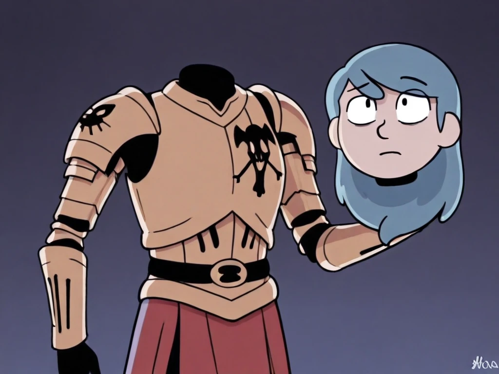 Hilda, blue hair, decapitated head, A headless entity, fancy skeleton armor, arcane aura , she holds her decapitated head in her arms with one hand. head grins devilishly. Staring at the sheep on an armored horse, fancy undead girl and undead horse, Halloween style, 