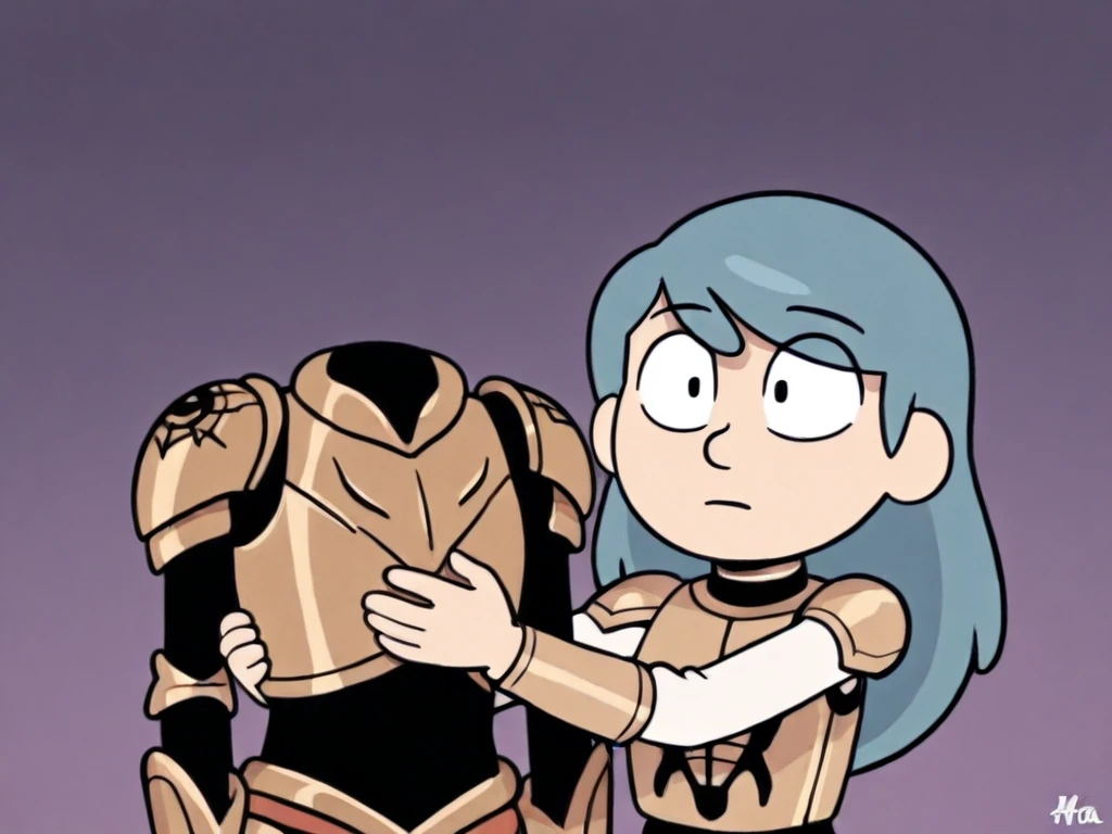 Hilda, blue hair, decapitated head, A headless entity, fancy skeleton armor, arcane aura , she holds her decapitated head in her arms with one hand. head grins devilishly. Staring at the sheep on an armored horse, fancy undead girl and undead horse, Halloween style, 