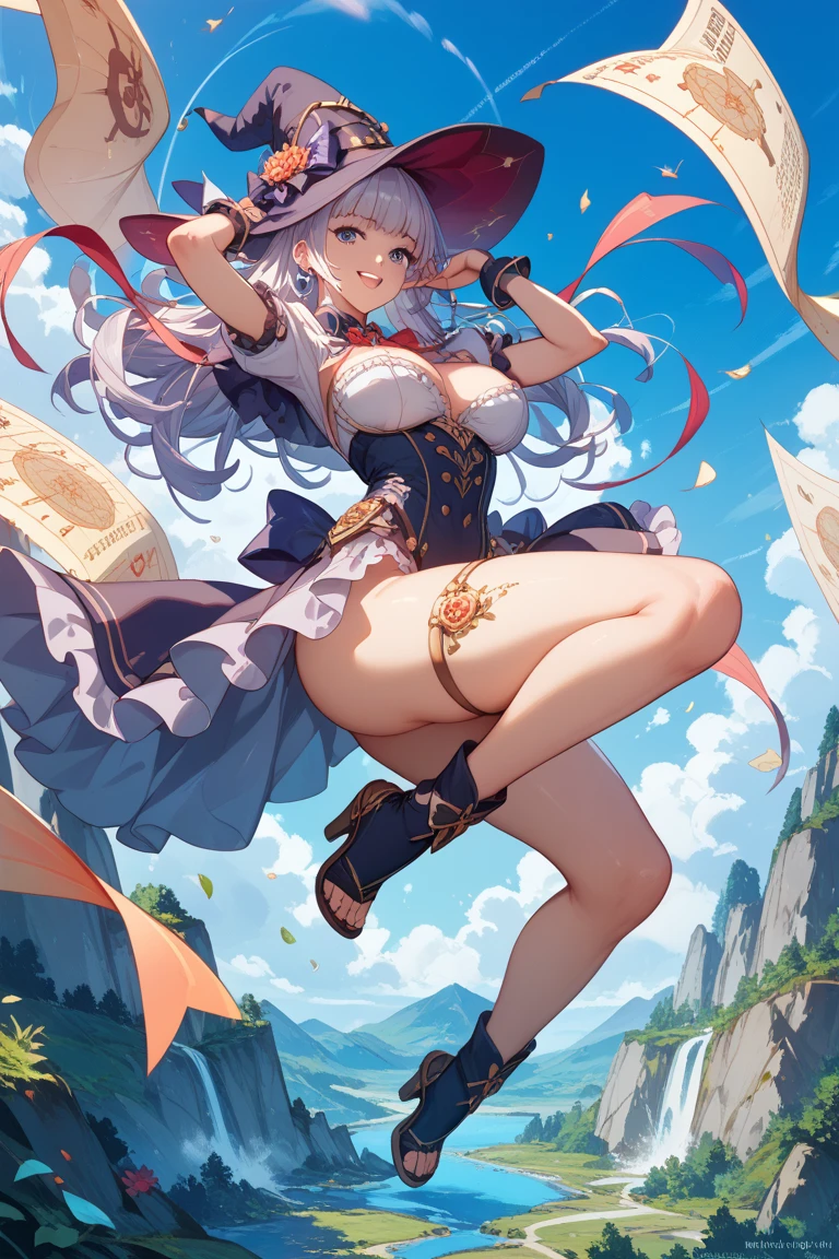 realistic, 1girl, waist long white hair, large breasts, purple eyes, detailed iris, glowing eyes, crop top, flapping skirt, parted lips, (flipping crop top:1.5), flipping skirt, blush, night, (underboob:1.5), while jumping, (legs apart:1.5), shoreline, beach, sea at nigh, nigh sky, comet, view frm below,