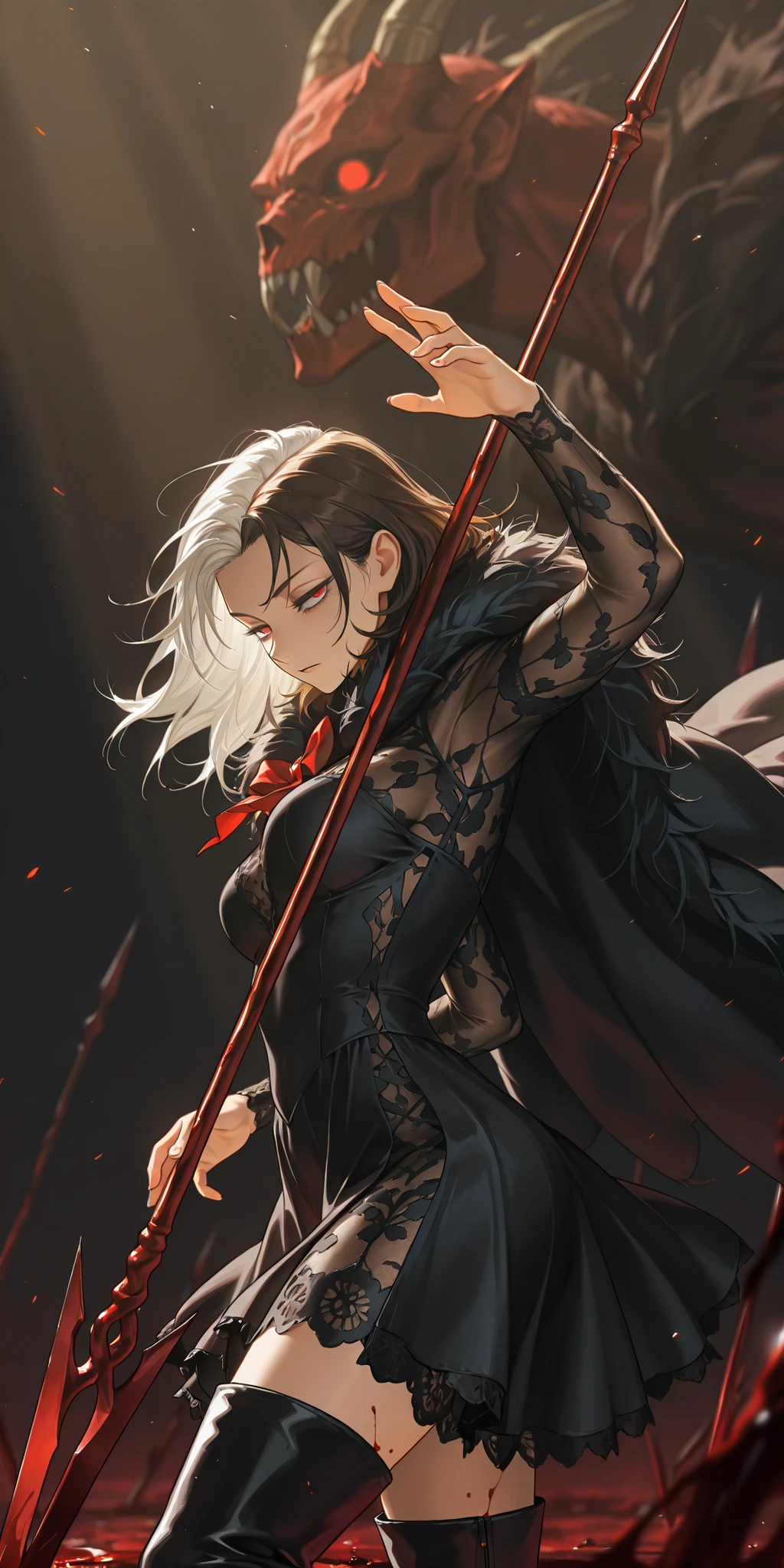 in the style of Jujutsu Kaisen, mature, young adult, masterpiece, best quality, amazing quality, very aesthetic, high resolution, ultra-detailed, absurdres,
1girl, woman, solo, alone,(side shot, dynamic pose, upper body focus, three quarter view, close_up shot:1.2), dramatic pose, red eyes, black hair, medium hair, white hair, brown hair, vampire, lace dress, high boots, succubus, half lidded eyes, tsurime, medium breasts, divinity, fighter, darkness, standing in a field of blood roses, blood spear, fur cape, fighting stance, lancer,
BREAK, depth of field, volumetric lighting